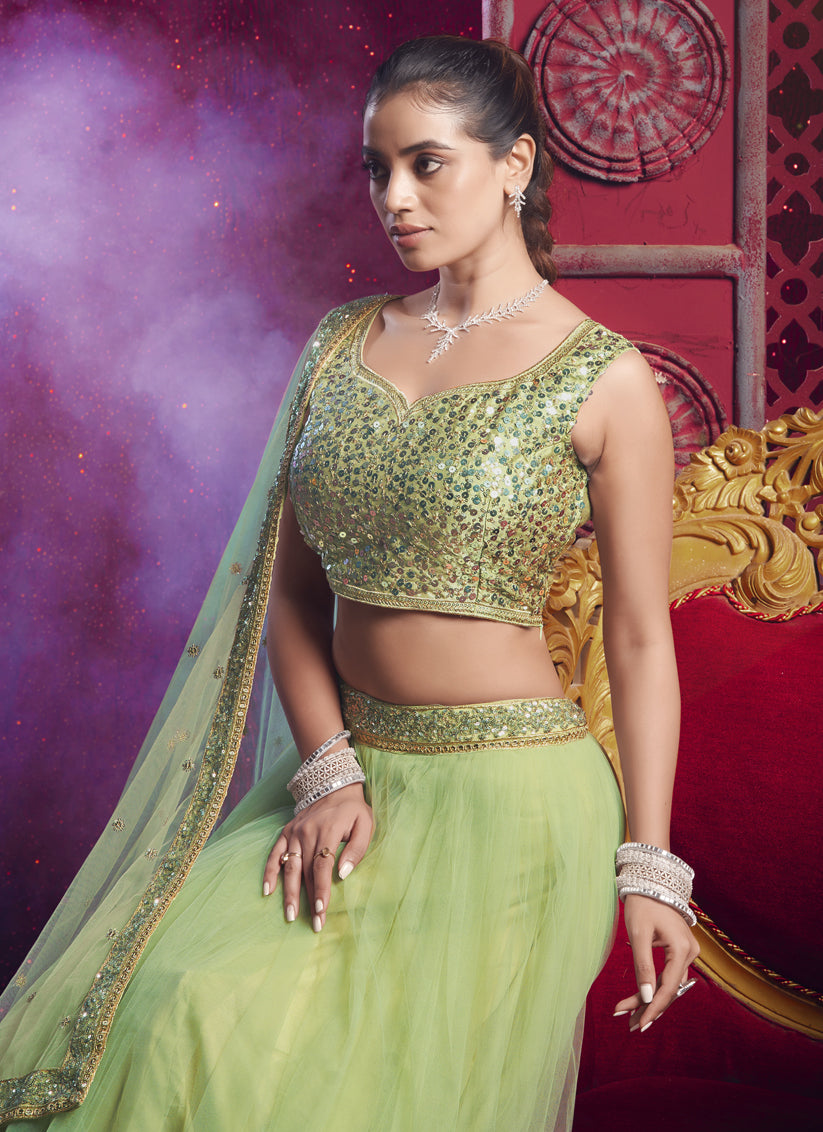 Spring Green Net Designer Wedding Lehenga Choli