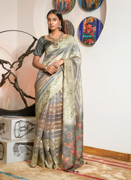 Multicolor Kora Silk Digital Print Saree