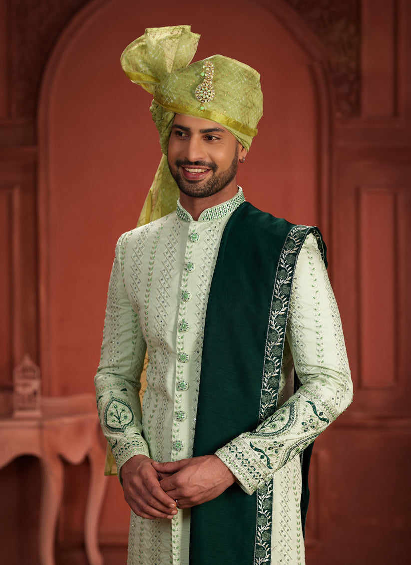 Pastel Green Pure Silk Designer Wedding Sherwani