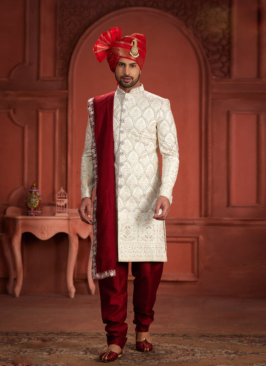 Off White Pure Silk Designer Wedding Sherwani