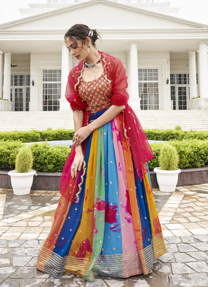 Multicolor Faux Georgette Embroidered Wedding Lehenga Choli