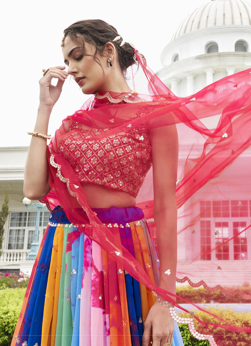 Multicolor Faux Georgette Embroidered Wedding Lehenga Choli