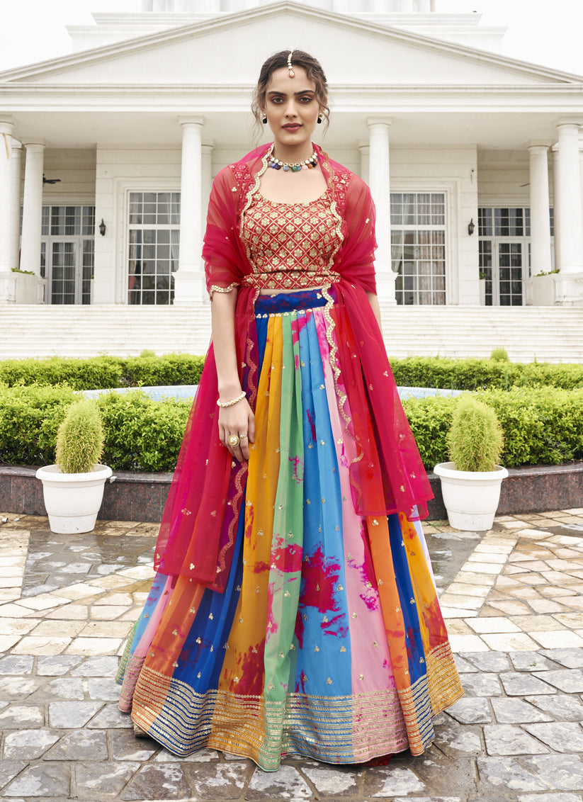 Multicolor Faux Georgette Embroidered Wedding Lehenga Choli