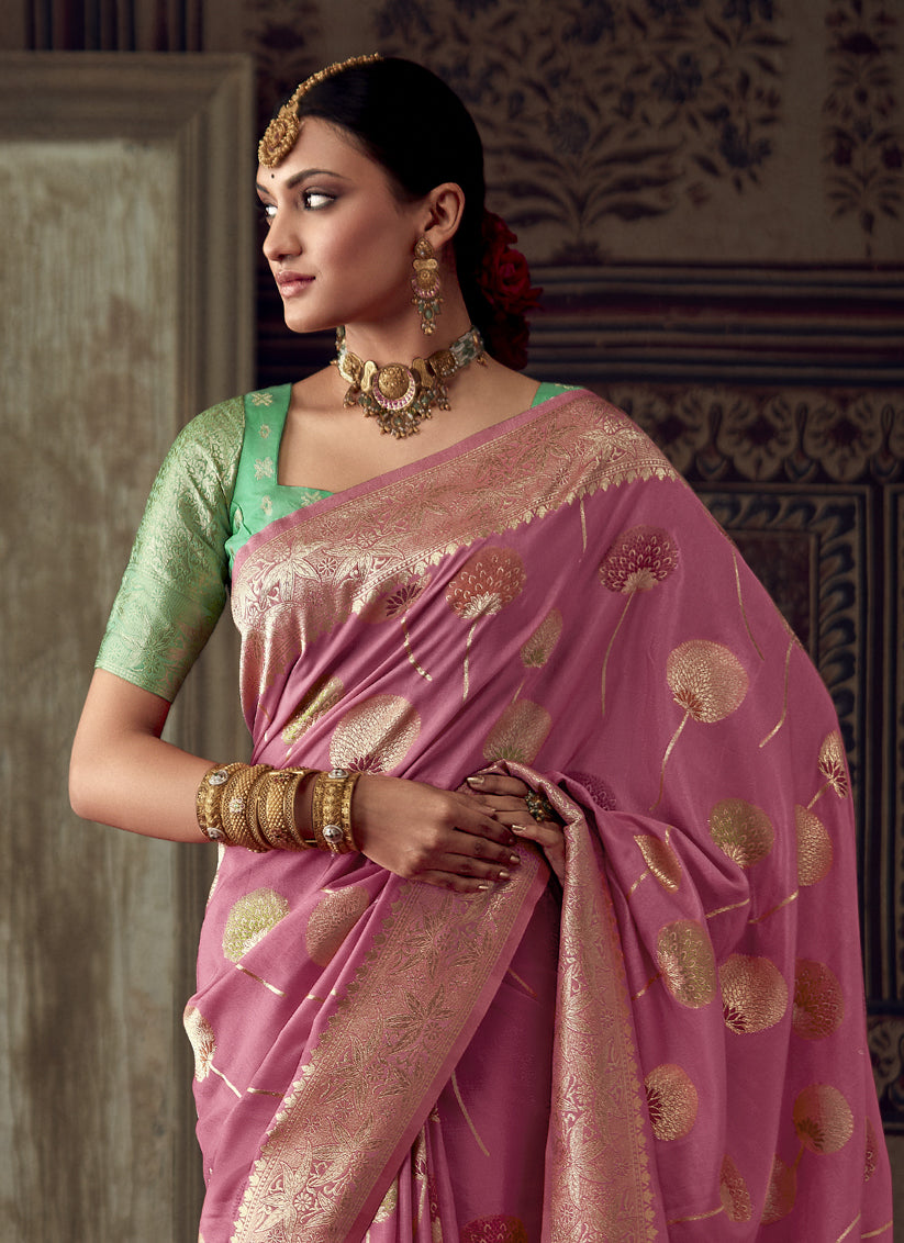 Cherry Pink Banarasi Crepe Georgette Zari Woven Saree