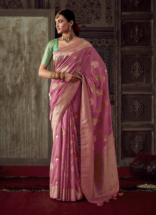 Cherry Pink Banarasi Crepe Georgette Zari Woven Saree