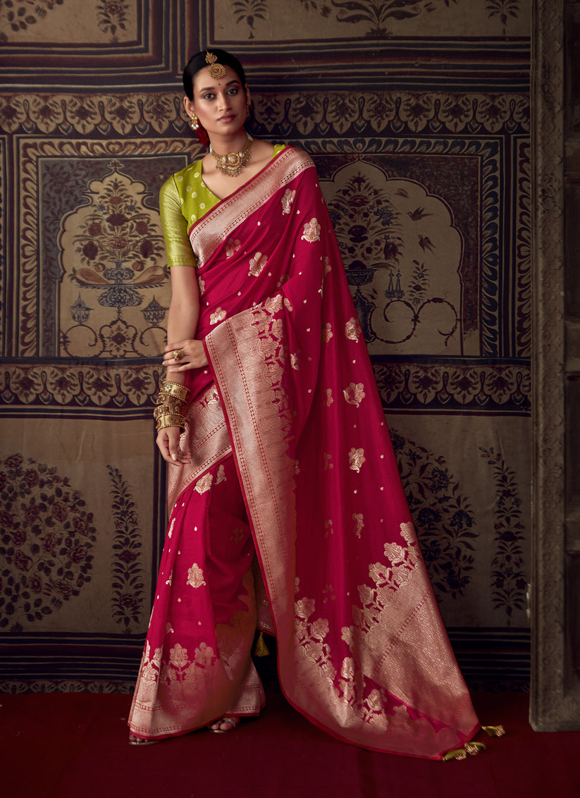 Strawberry Red Banarasi Crepe Georgette Zari Woven Saree