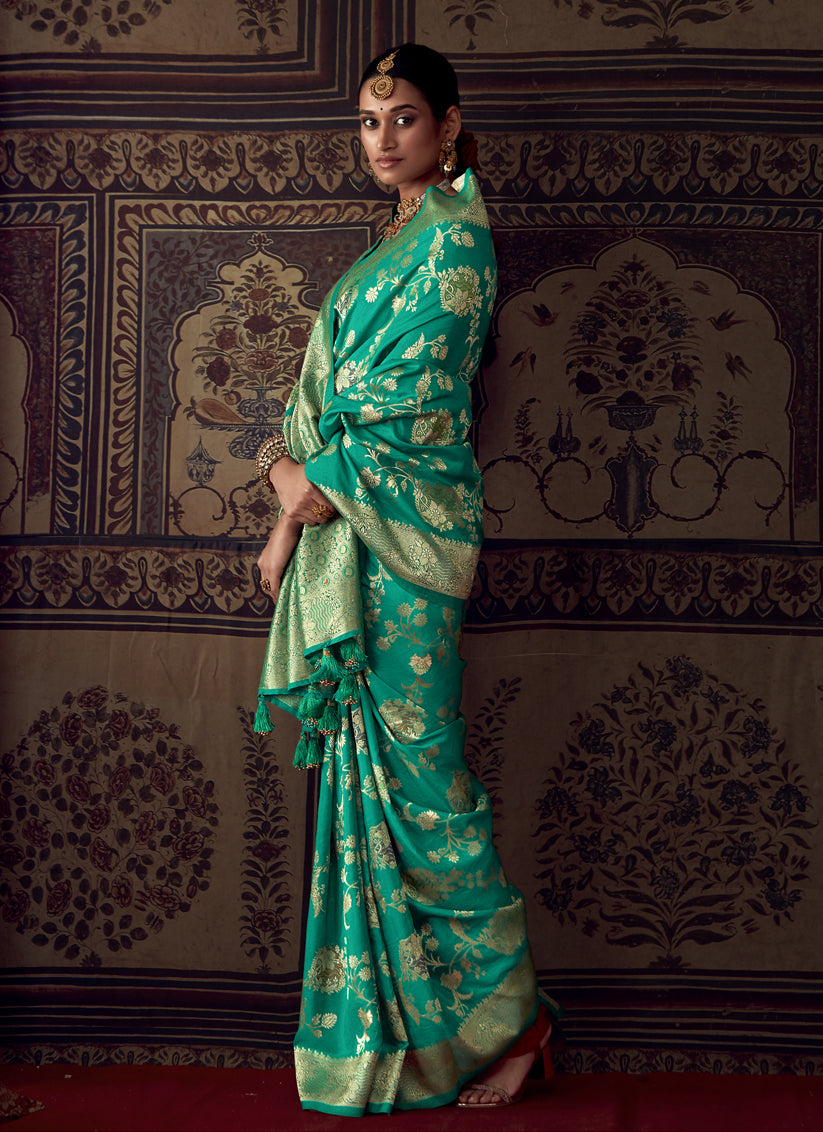 Rama Green Banarasi Crepe Georgette Zari Woven Saree