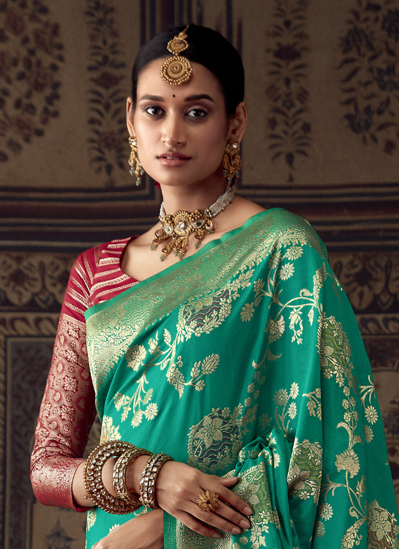 Rama Green Banarasi Crepe Georgette Zari Woven Saree