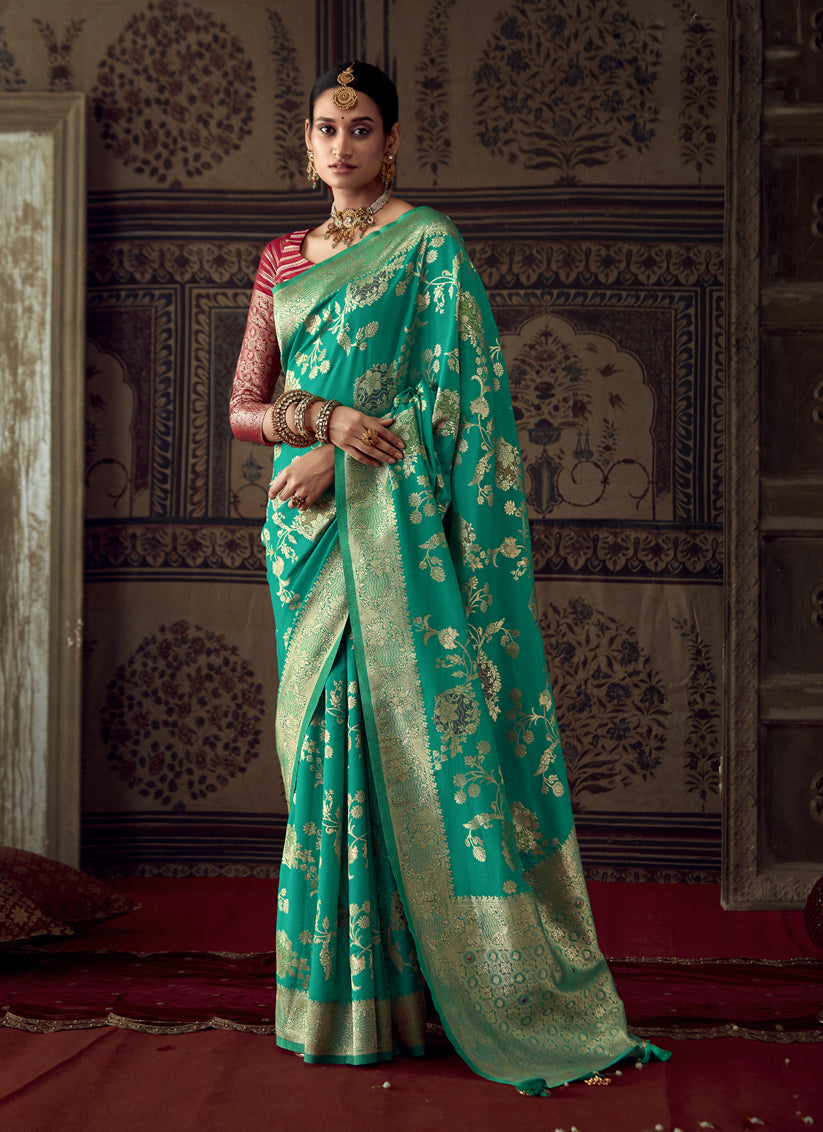 Rama Green Banarasi Crepe Georgette Zari Woven Saree