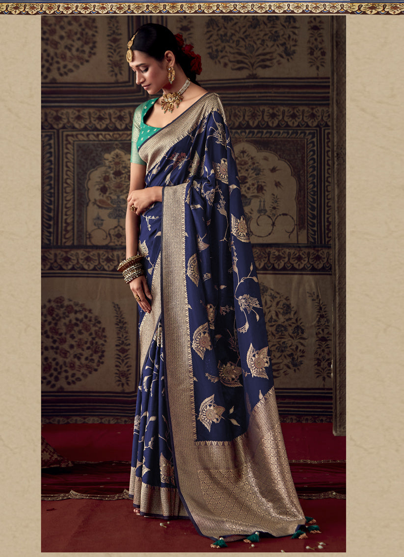 Navy Blue Banarasi Crepe Georgette Zari Woven Saree