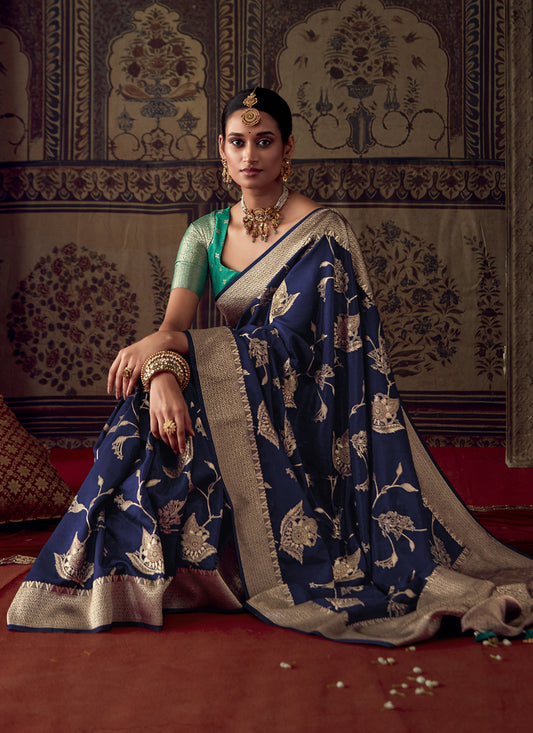 Navy Blue Banarasi Crepe Georgette Zari Woven Saree