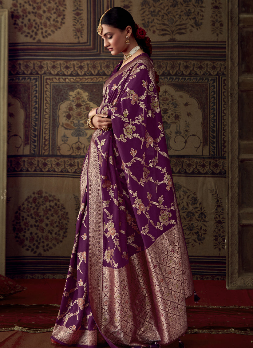 Magenta Banarasi Crepe Georgette Zari Woven Saree