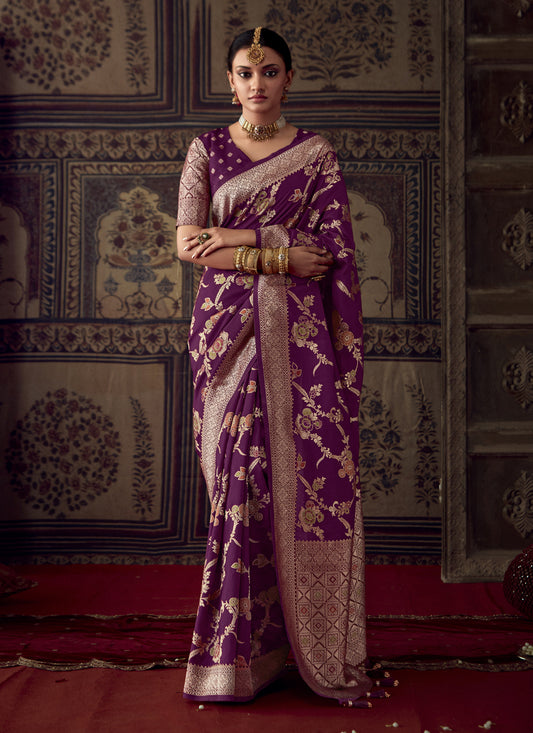 Magenta Banarasi Crepe Georgette Zari Woven Saree