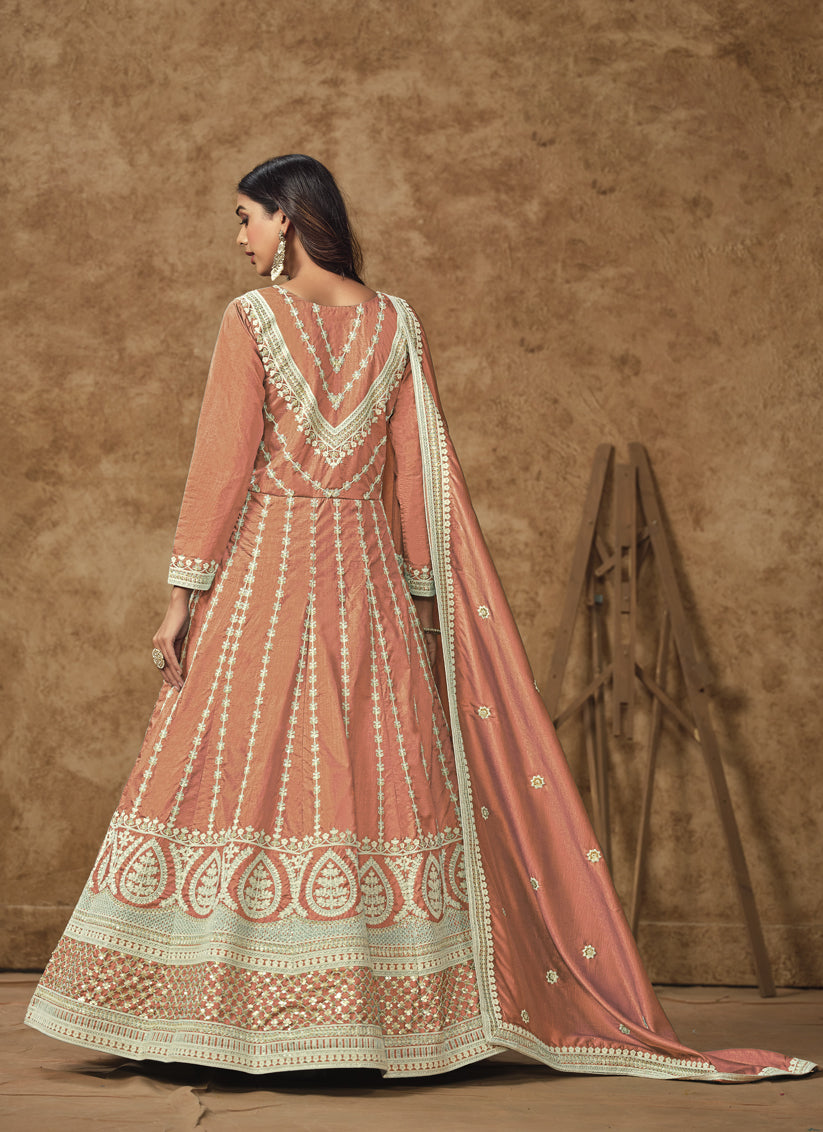 Salmon Orange Dola Silk Embroidered Gown with Dupatta