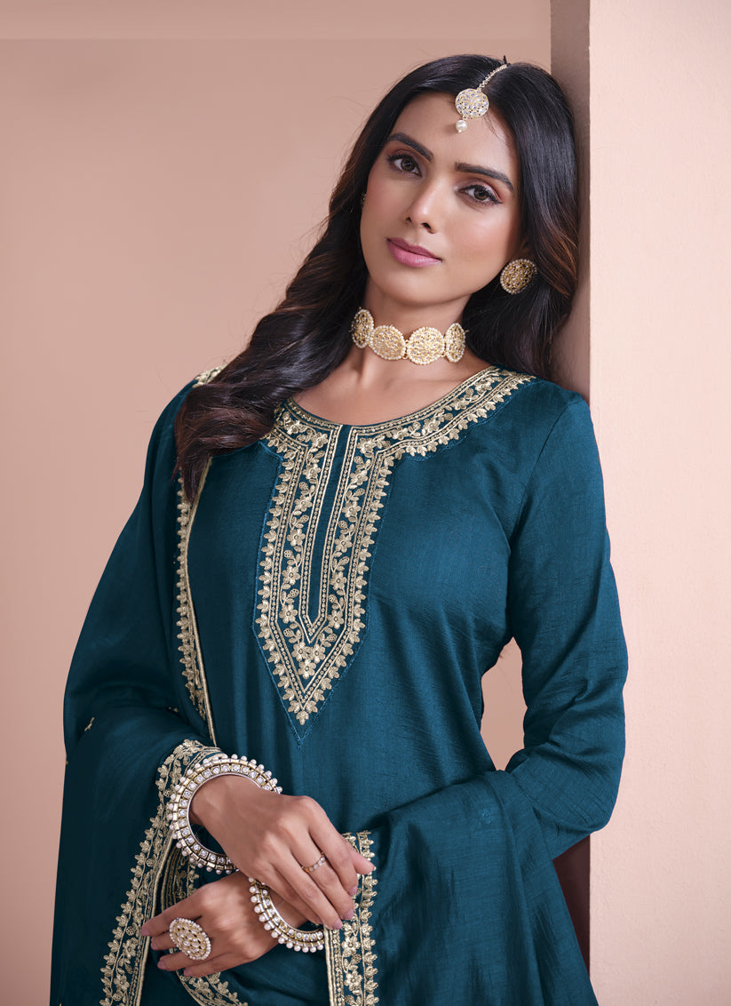 Peacock Art Silk Embroidered Palazzo Kameez