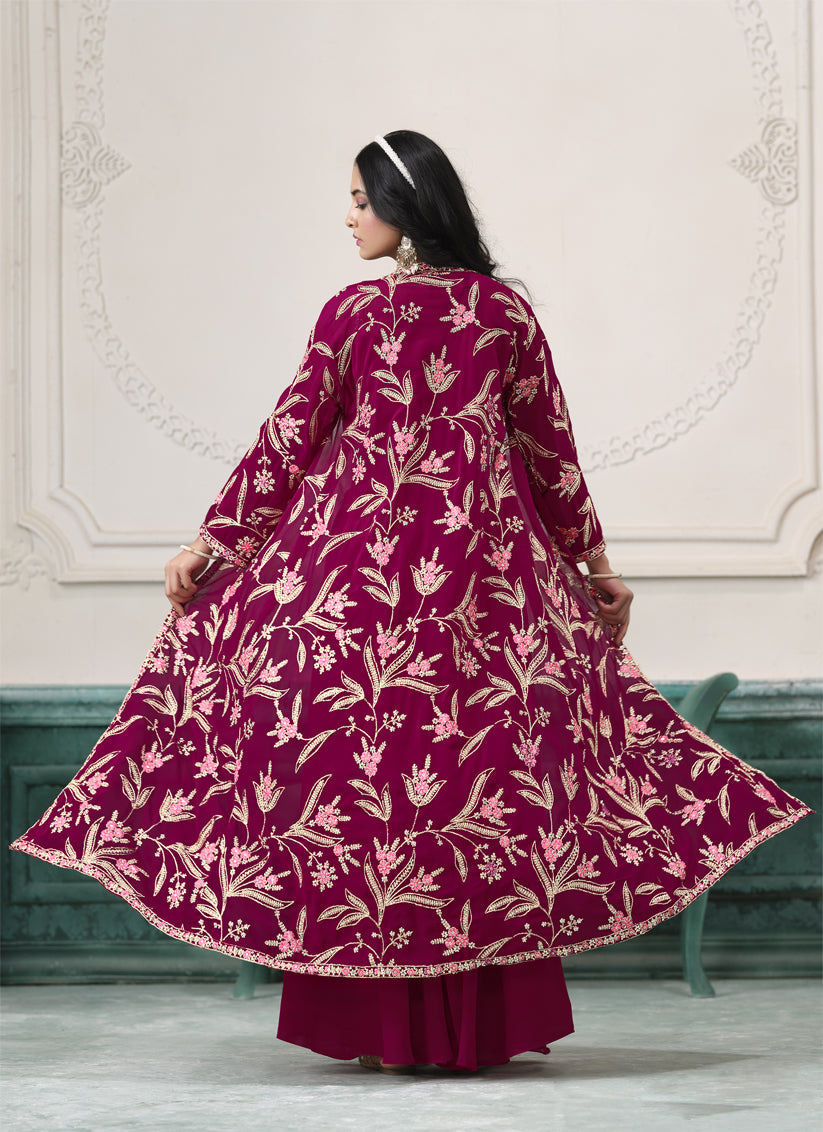 Magenta Faux Georgette Embroidered Readymade IndoWestern
