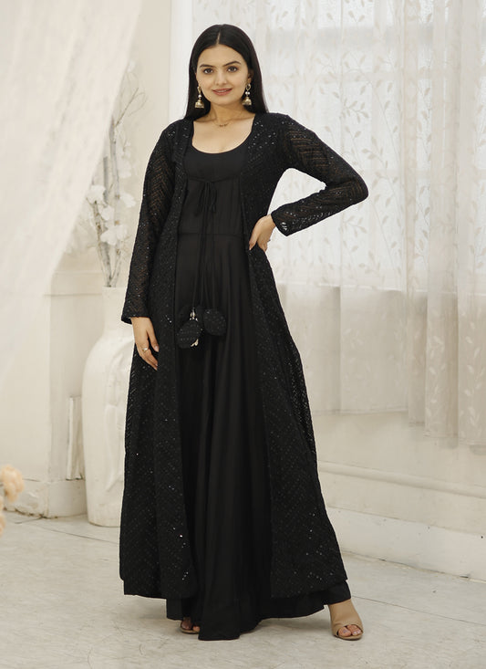 Black Rayon Gown with Crochet Work Georgette Shrug