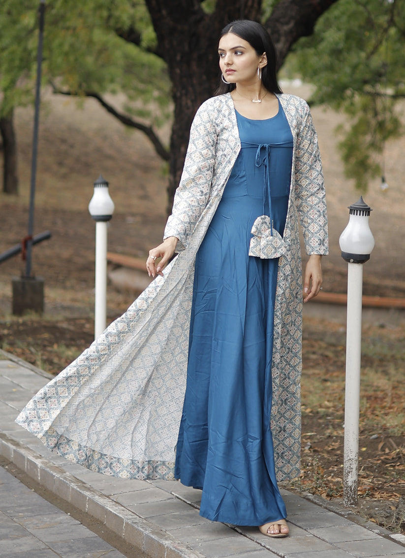 Peacock Blue Rayon Gown with Crochet Work Georgette Shrug