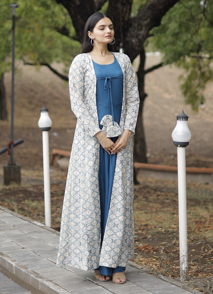 Peacock Blue Rayon Gown with Crochet Work Georgette Shrug