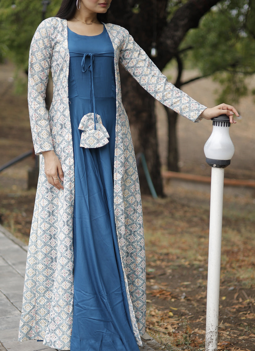 Peacock Blue Rayon Gown with Crochet Work Georgette Shrug