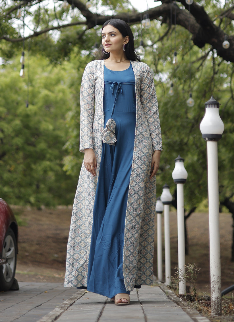 Peacock Blue Rayon Gown with Crochet Work Georgette Shrug