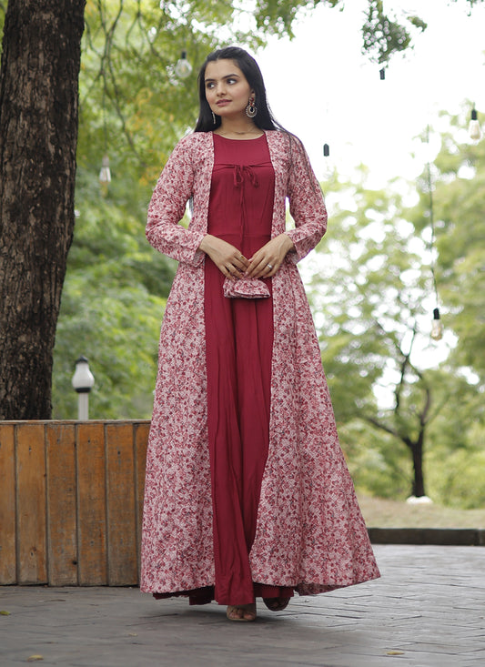 Carrot Red Rayon Gown with Crochet Work Georgette Shrug