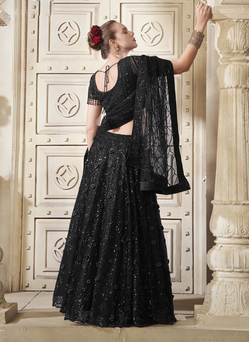 Black Net Sequins Embroidered Designer Wedding Lehenga Choli Set