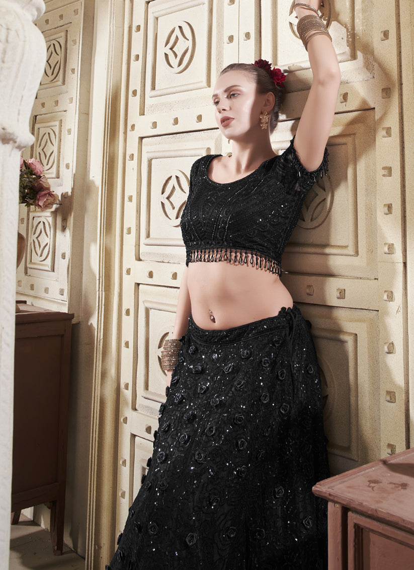 Black Net Sequins Embroidered Designer Wedding Lehenga Choli Set