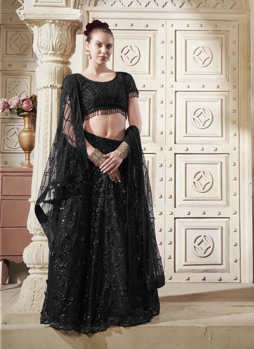 Black Net Sequins Embroidered Designer Wedding Lehenga Choli Set