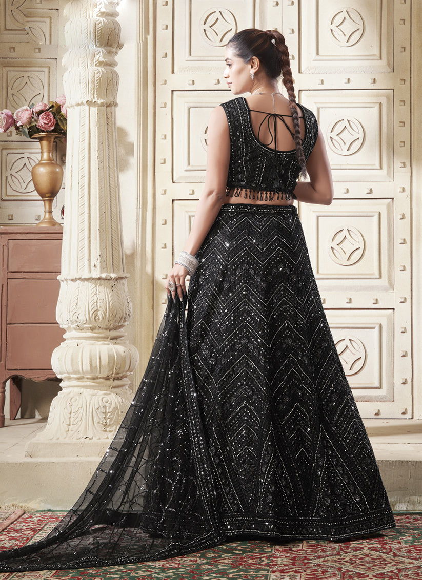 Black Net Sequins Embroidered Designer Wedding Lehenga Choli Set