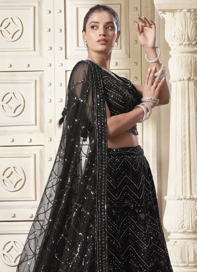 Black Net Sequins Embroidered Designer Wedding Lehenga Choli Set