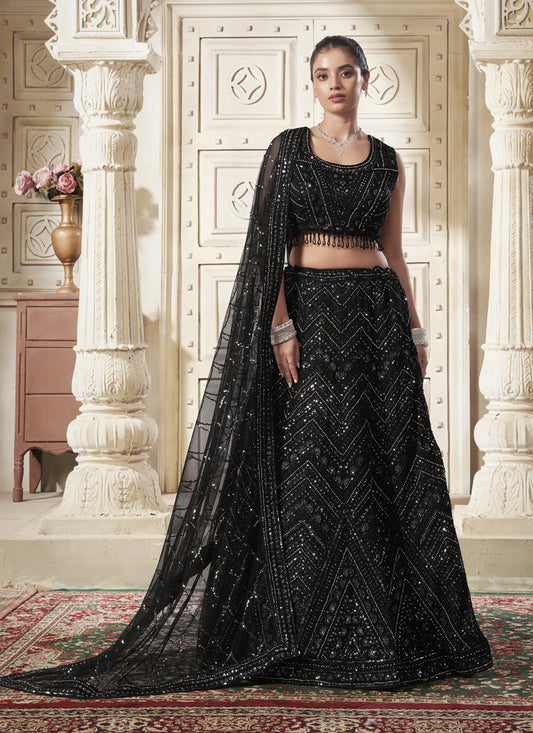 Black Net Sequins Embroidered Designer Wedding Lehenga Choli Set