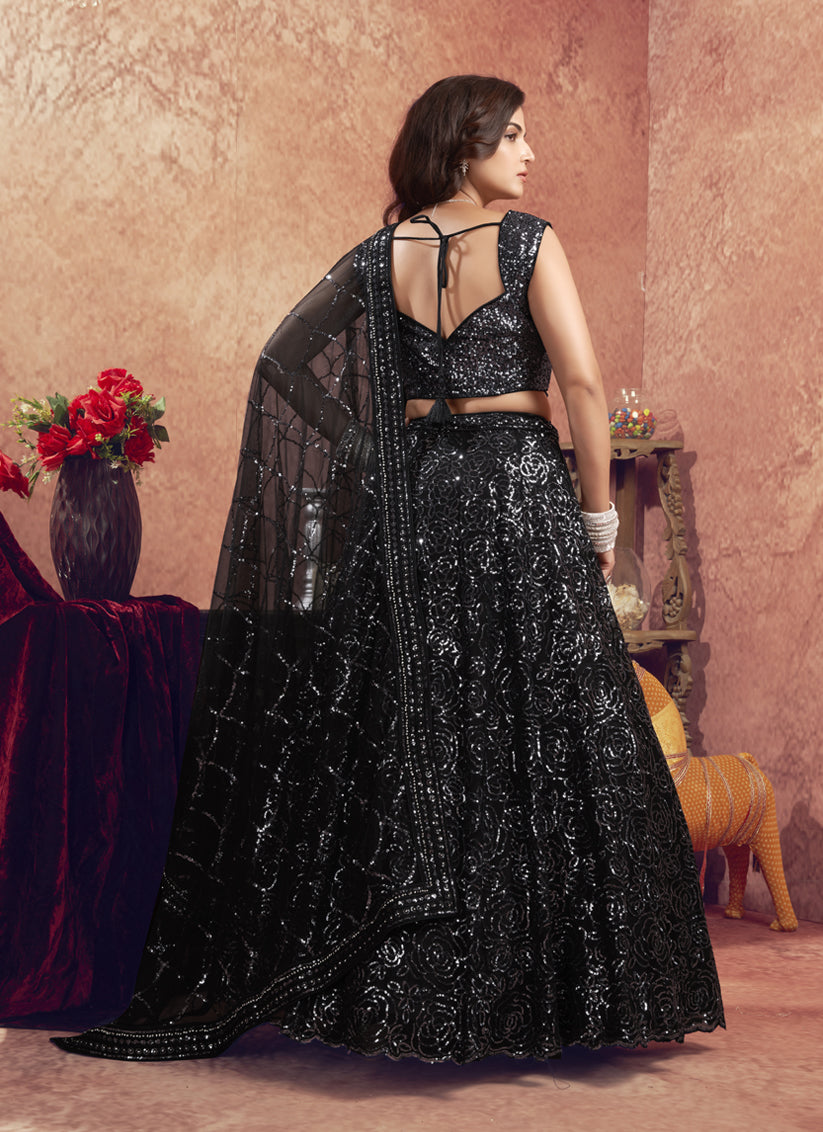 Black Net Sequins Embroidered Designer Wedding Lehenga Choli Set