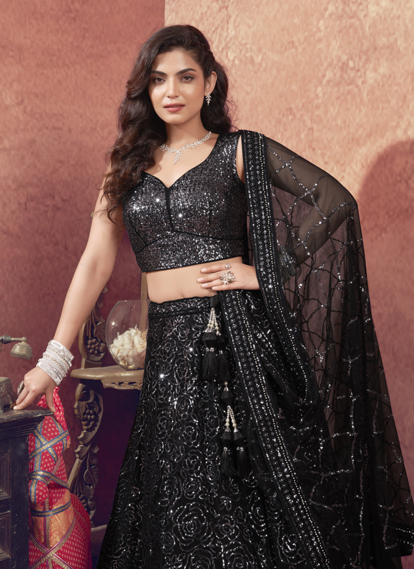 Black Net Sequins Embroidered Designer Wedding Lehenga Choli Set