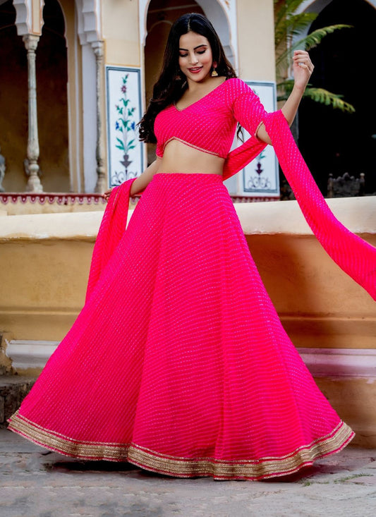 Hot Pink Georgette Leheriya Print Festival Lehenga Choli