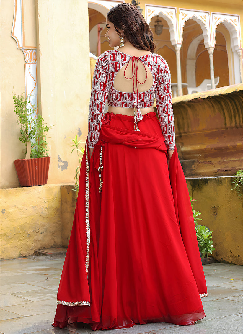 Red Heavy Lehenga Choli Set for Festival