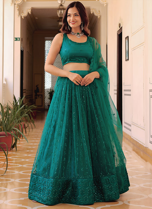 Teal Green Embroidered & Heavy Sequins Lehenga Choli Set
