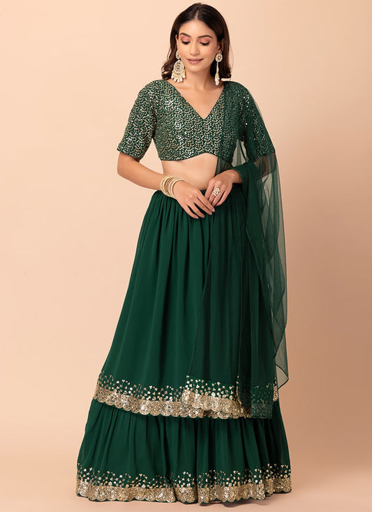 Bottle Green Georgette Sequins Work  Lehenga Choli