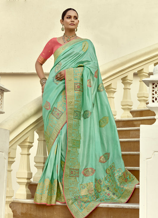 Turquoise Dola Silk Handwork Wedding Saree