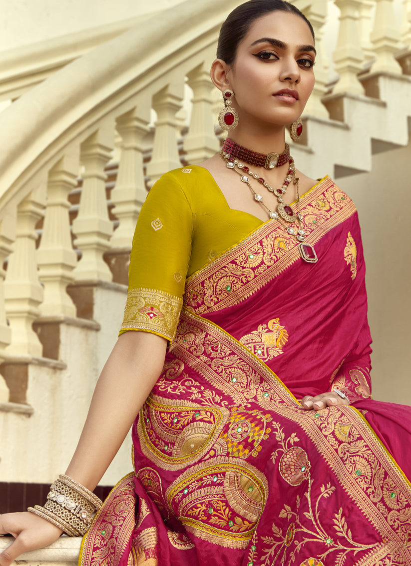 Rani Pink Dola Silk Handwork Wedding Saree