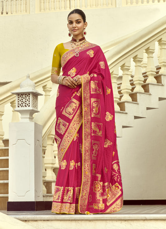 Rani Pink Dola Silk Handwork Wedding Saree