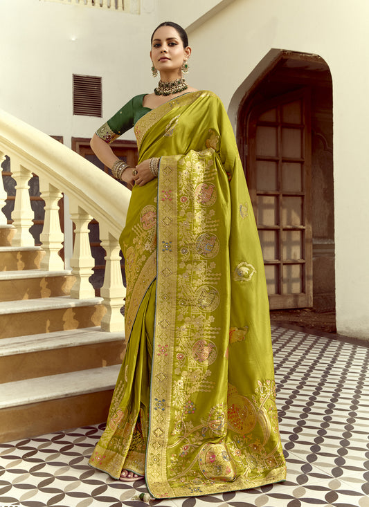 Chartreuse Green Dola Silk Handwork Wedding Saree