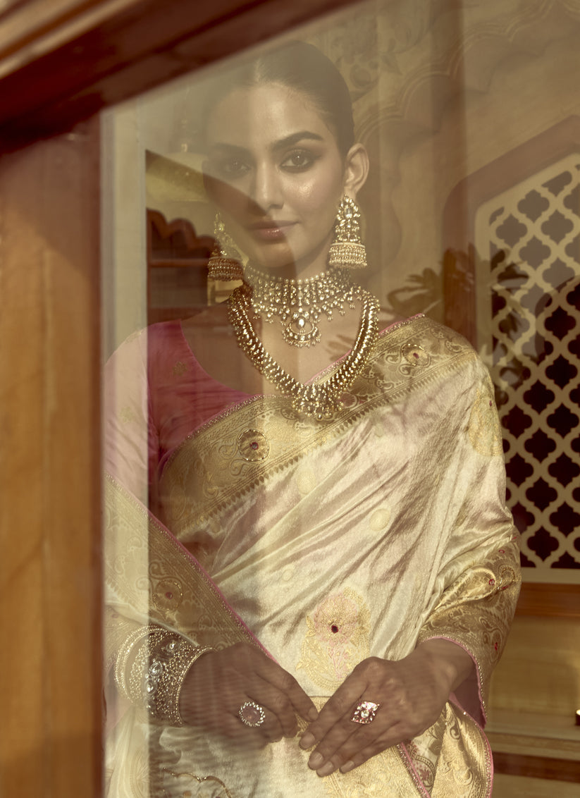 Off White Dola Silk Handwork Wedding Saree