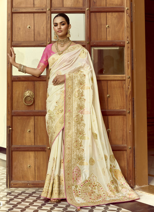 Off White Dola Silk Handwork Wedding Saree