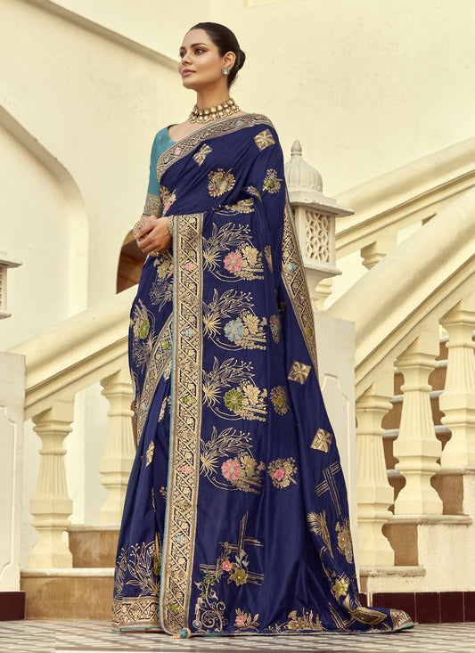 Navy Blue Dola Silk Handwork Wedding Saree