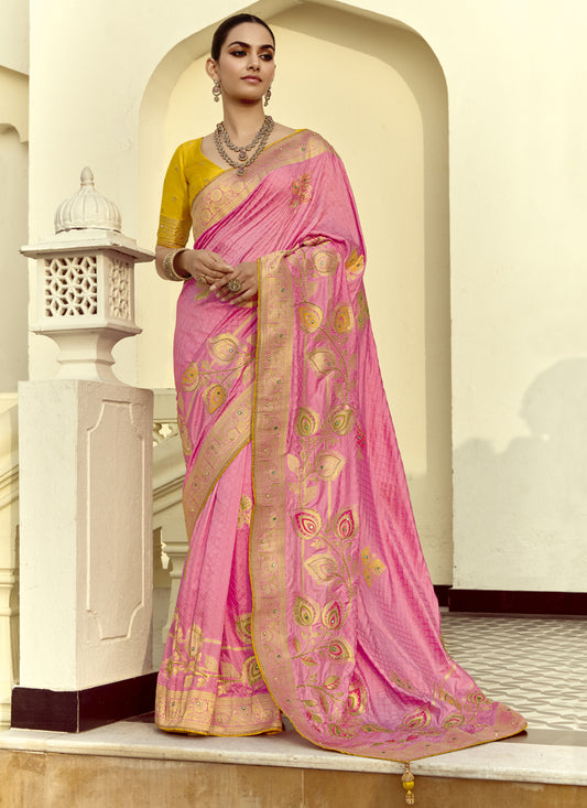 Cherry Pink Dola Silk Handwork Wedding Saree