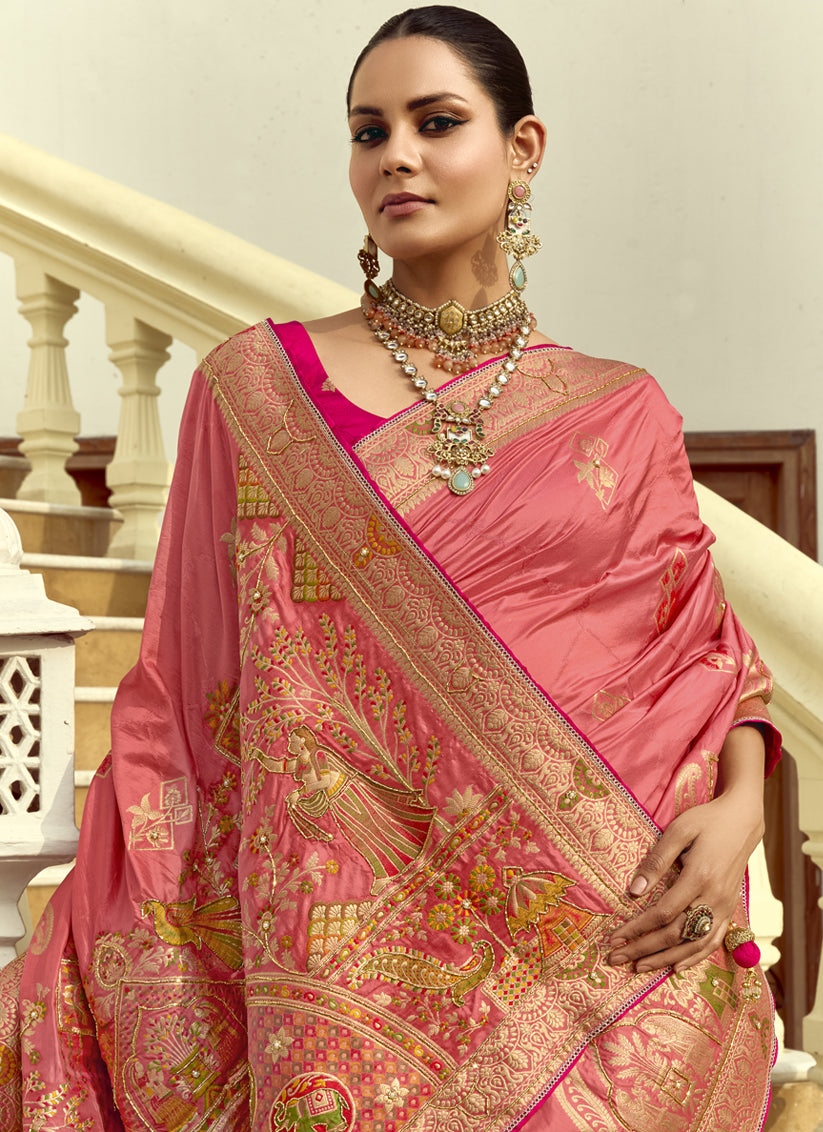Melon Pink Dola Silk Handwork Wedding Saree