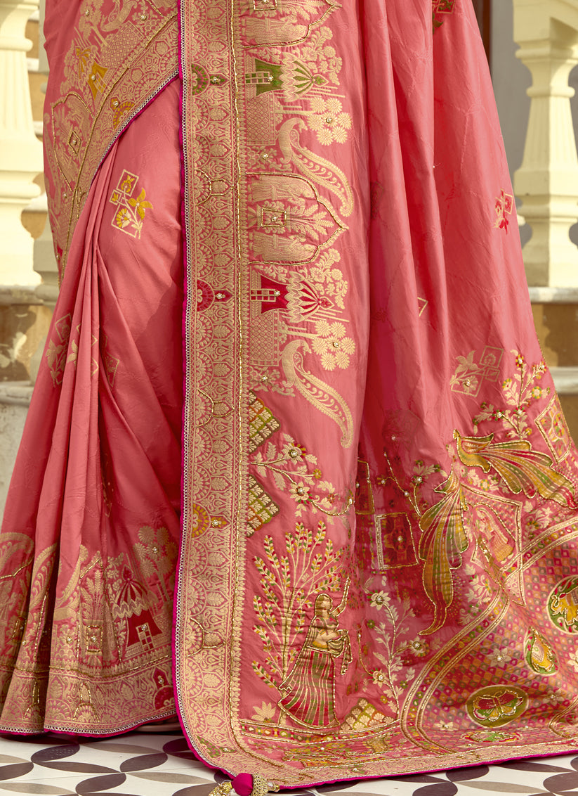 Melon Pink Dola Silk Handwork Wedding Saree