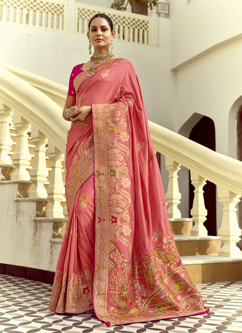 Melon Pink Dola Silk Handwork Wedding Saree