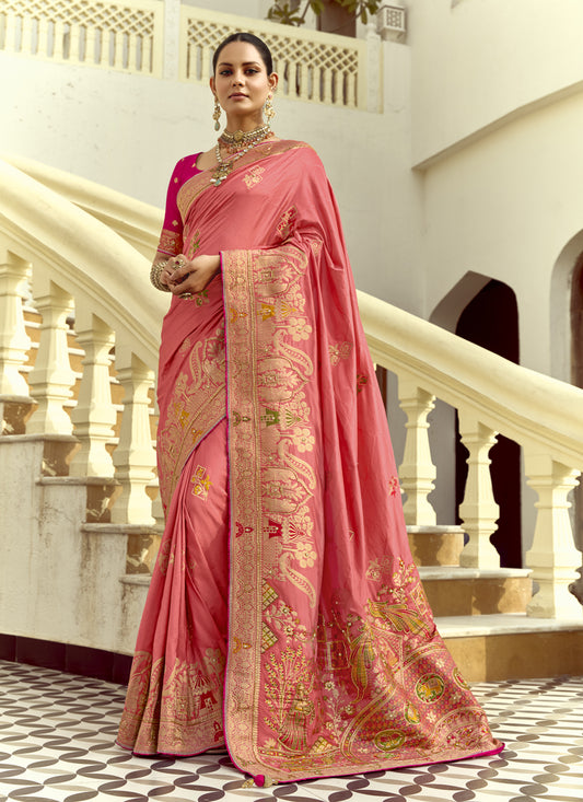 Melon Pink Dola Silk Handwork Wedding Saree